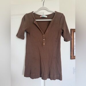 FP Beach Knit Deep V Brown Ribbed Women's Top